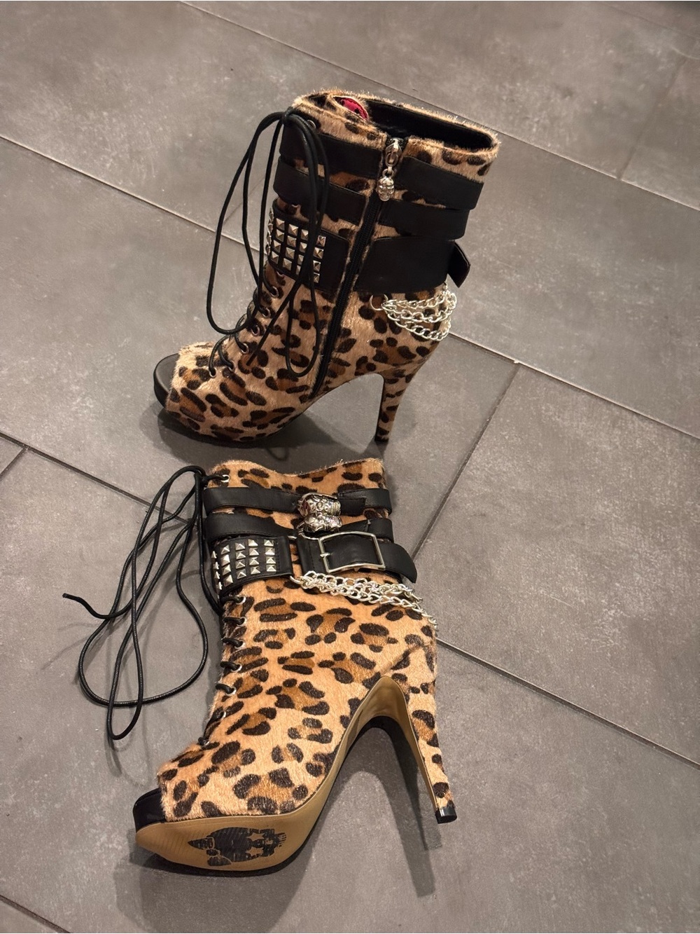Leopard Print Lace-Up High Heel Ankle Boots Chain Skull Abbey Dawn 7 New